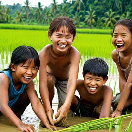 **

A group of children, around 8-10 years old, are knee-deep in a rice paddy. They are smiling and laughing as they plant rice seedlings. Some have muddy faces. A farmer is nearby, guiding them. The sun is shining. The overall feeling is one of joy and connection to nature. Focus on the rich green color of the rice paddy and the children's expressions.

**