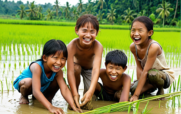 **

A group of children, around 8-10 years old, are knee-deep in a rice paddy. They are smiling and laughing as they plant rice seedlings. Some have muddy faces. A farmer is nearby, guiding them. The sun is shining. The overall feeling is one of joy and connection to nature. Focus on the rich green color of the rice paddy and the children's expressions.

**